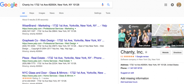 Chanty Google business listing