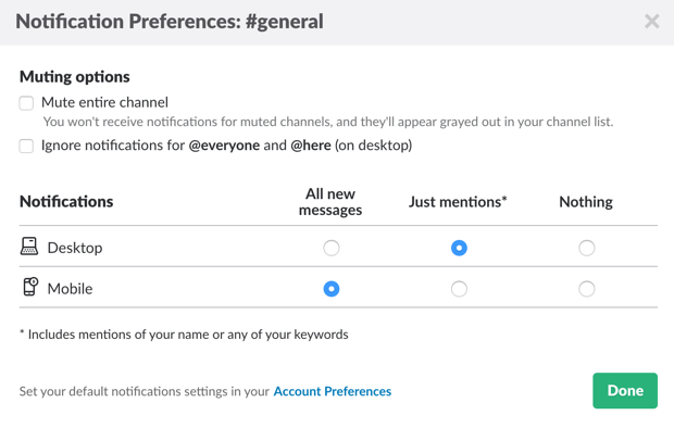 Notification settings in Slack