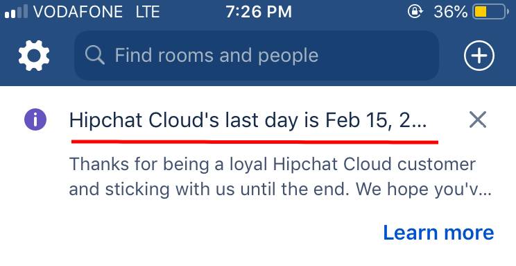 ‘The end of support’ reminder from Hipchat