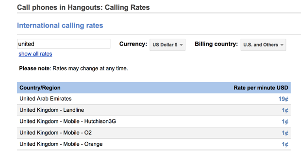 Google Hangouts landline/mobile calls prices