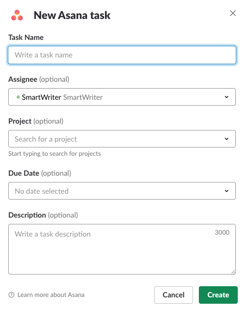 Creating a task in Asana via Slack
