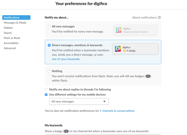 Notification preferences in Slack