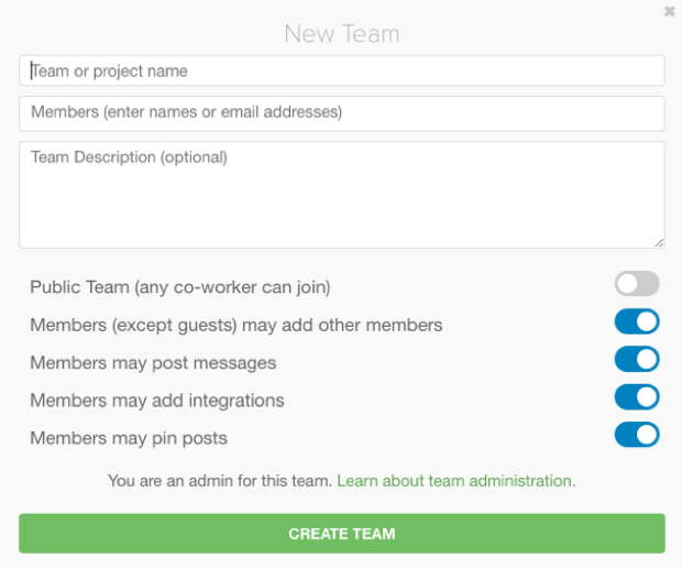 ‘Create a new team’ option in Glip