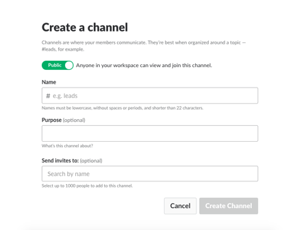 “Create a channel” feature in Slack