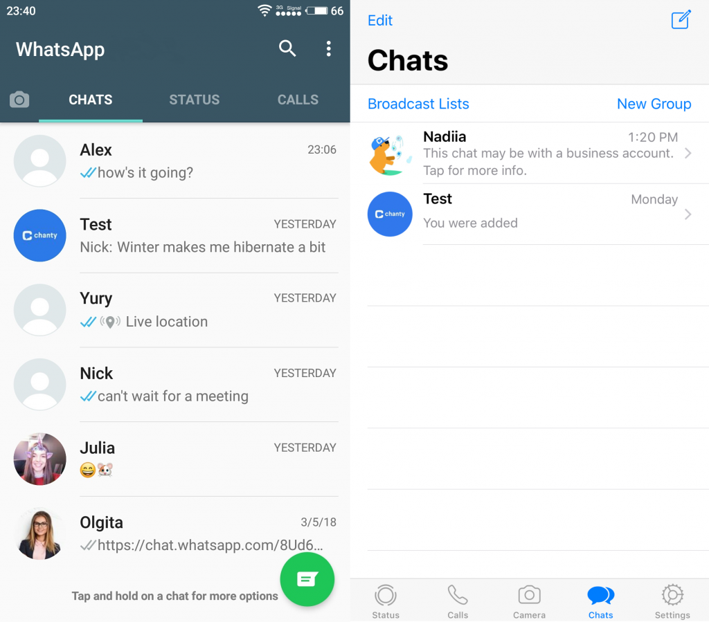 WhatsApp Messenger mobile app interface (Android and iOS)