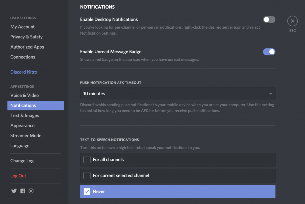 Notification settings in Discord