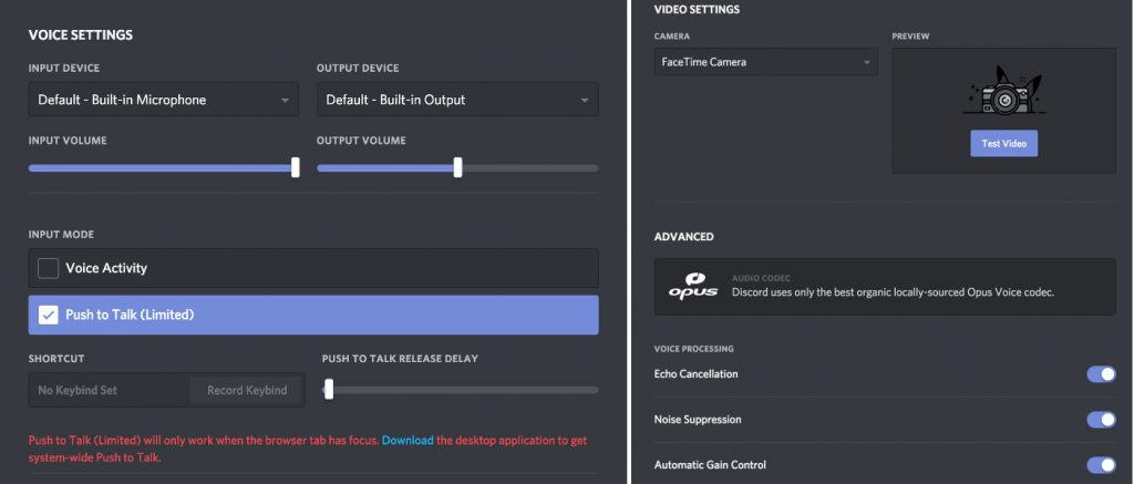 Voice and video settings in Discord