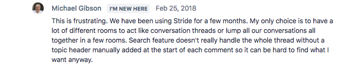 Stride user complaining over not having Threads in Slack