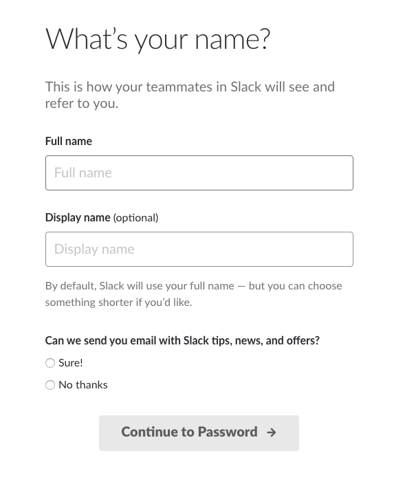 A registration modal box in Slack