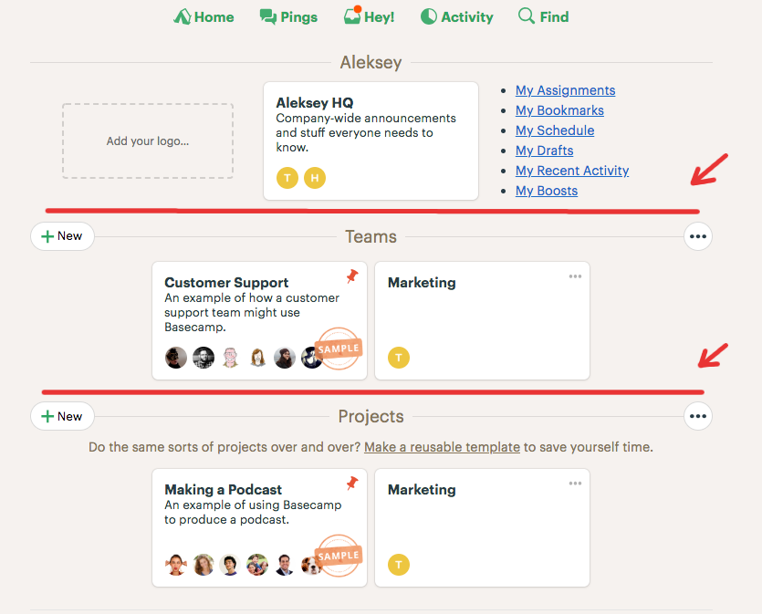 Basecamp's vertical layout