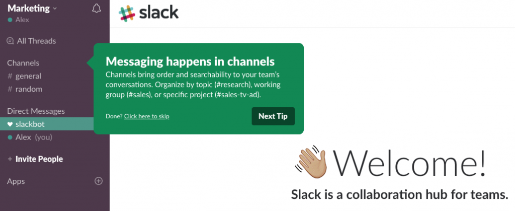 The product tour in Slack
