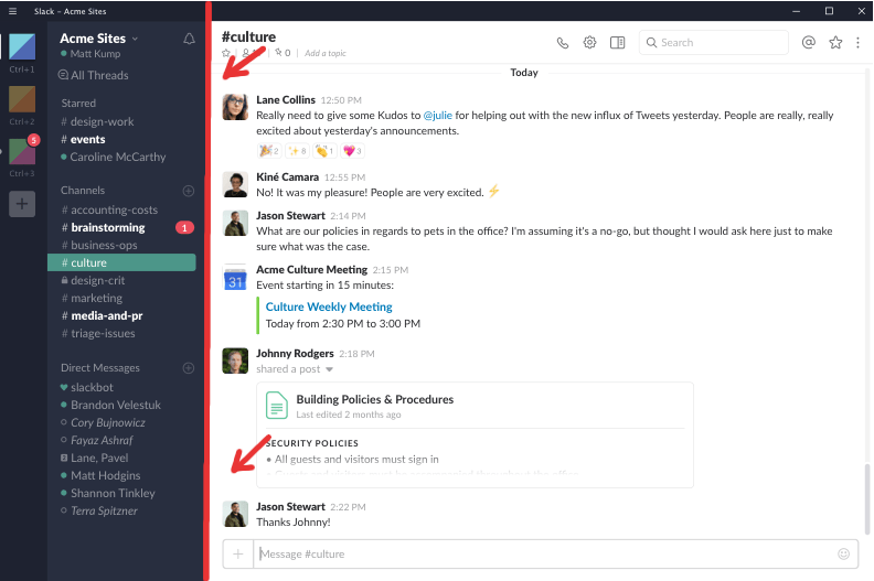 Slack's horizontal layout