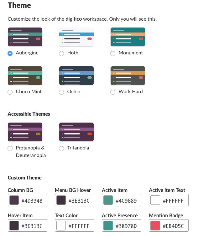 Options for customizing in Slack