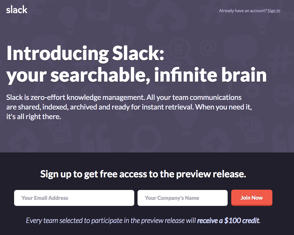 Slack’s landing page in August 2013