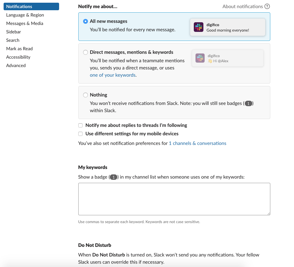 Notification settings in Slack