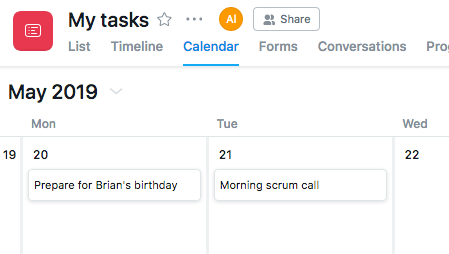 Calendar view in Asana