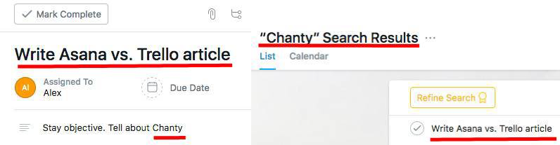 Search in Asana a phrase in a task description