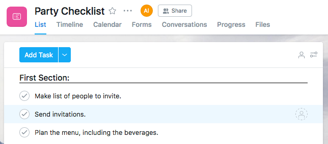  List view in Asana