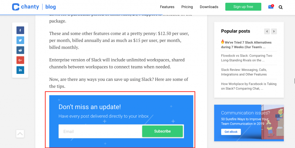 Newsletter sign up prompt on Chanty blog