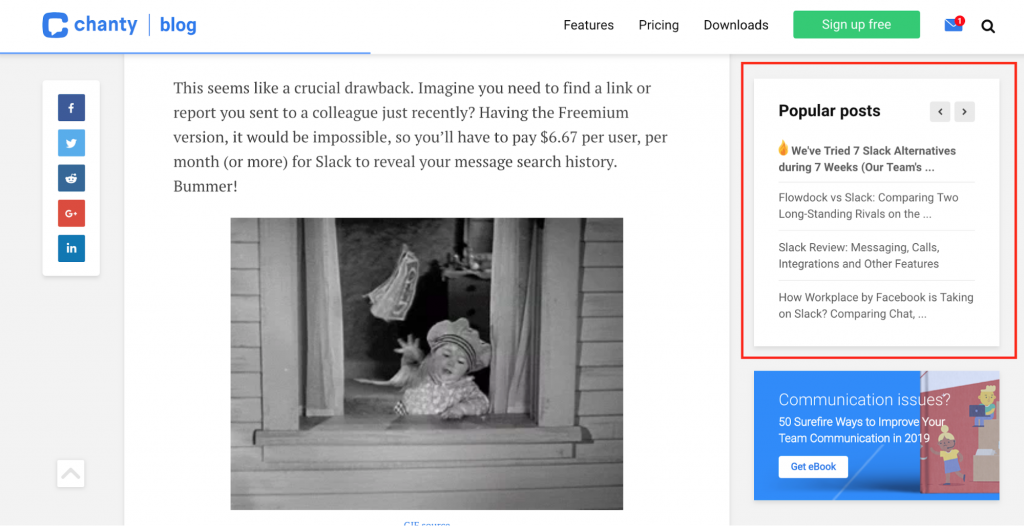 Popular posts section on Chanty blog