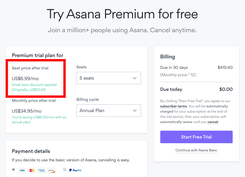 Asana premium for free