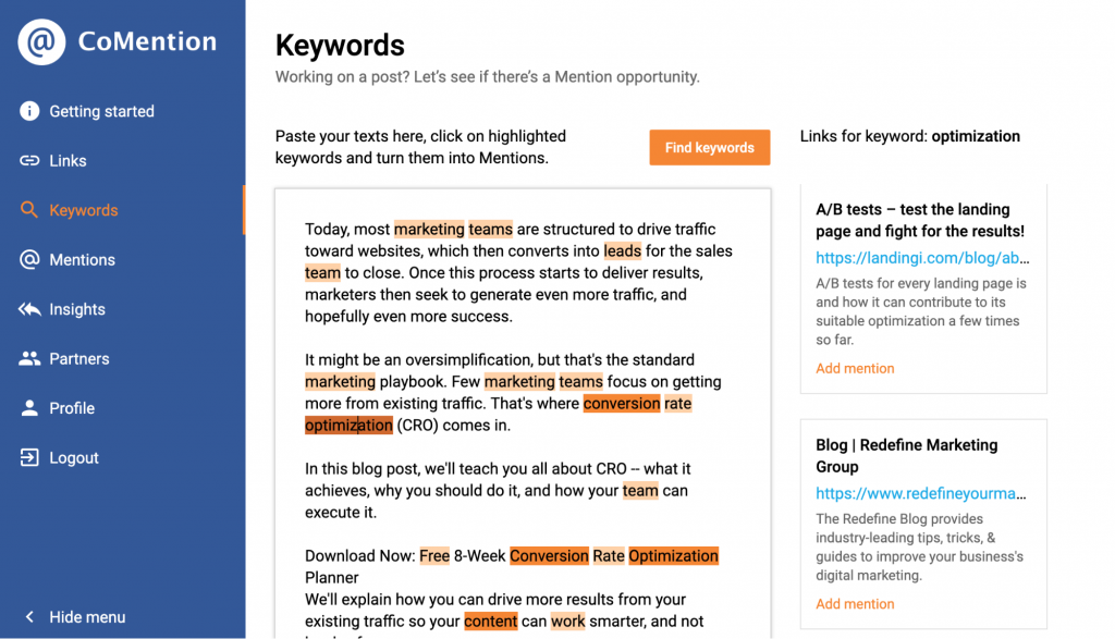 Finding backlink opportunities within your article in CoMention