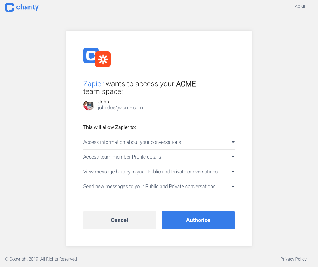 Chanty-authorization-permission-screen